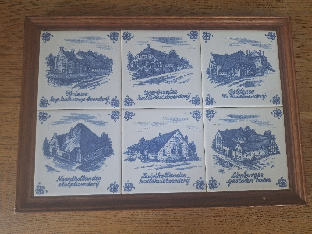 Antieke delftsblauwe tegels in lijst, Hollandse boerderijen, Antiek en Kunst, Antiek | Wandborden en Tegels, Ophalen of Verzenden