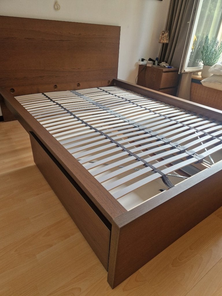 IKEA MALM bed 140x200 met 2 lades & LÖNSET lattenbodems, Ophalen, Gebruikt, Bruin, 140 cm