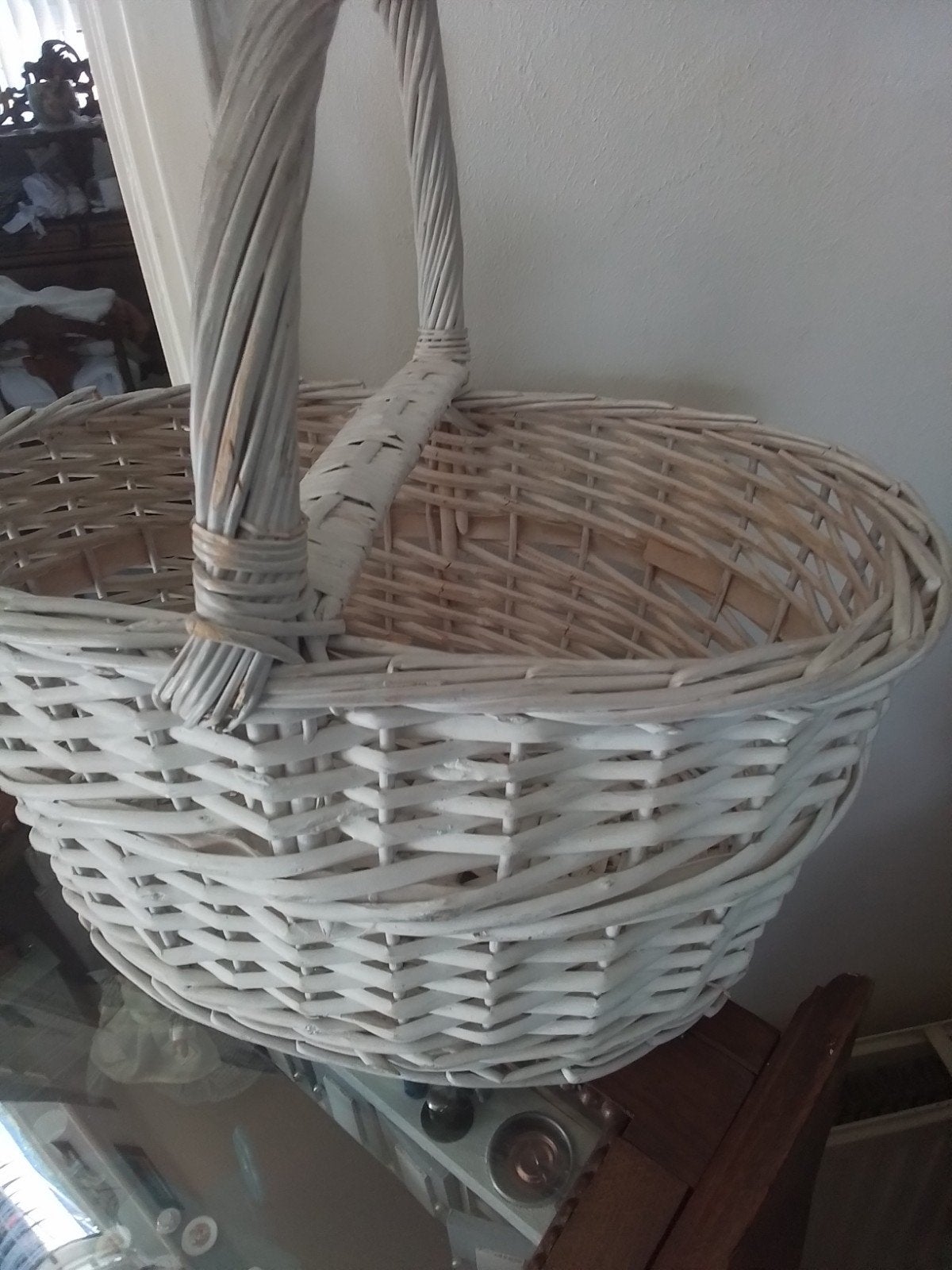 Rieten boodschappenmand met hengsel, Huis en Inrichting, Gebruikt, Mand, Ophalen of Verzenden, Met hengsel