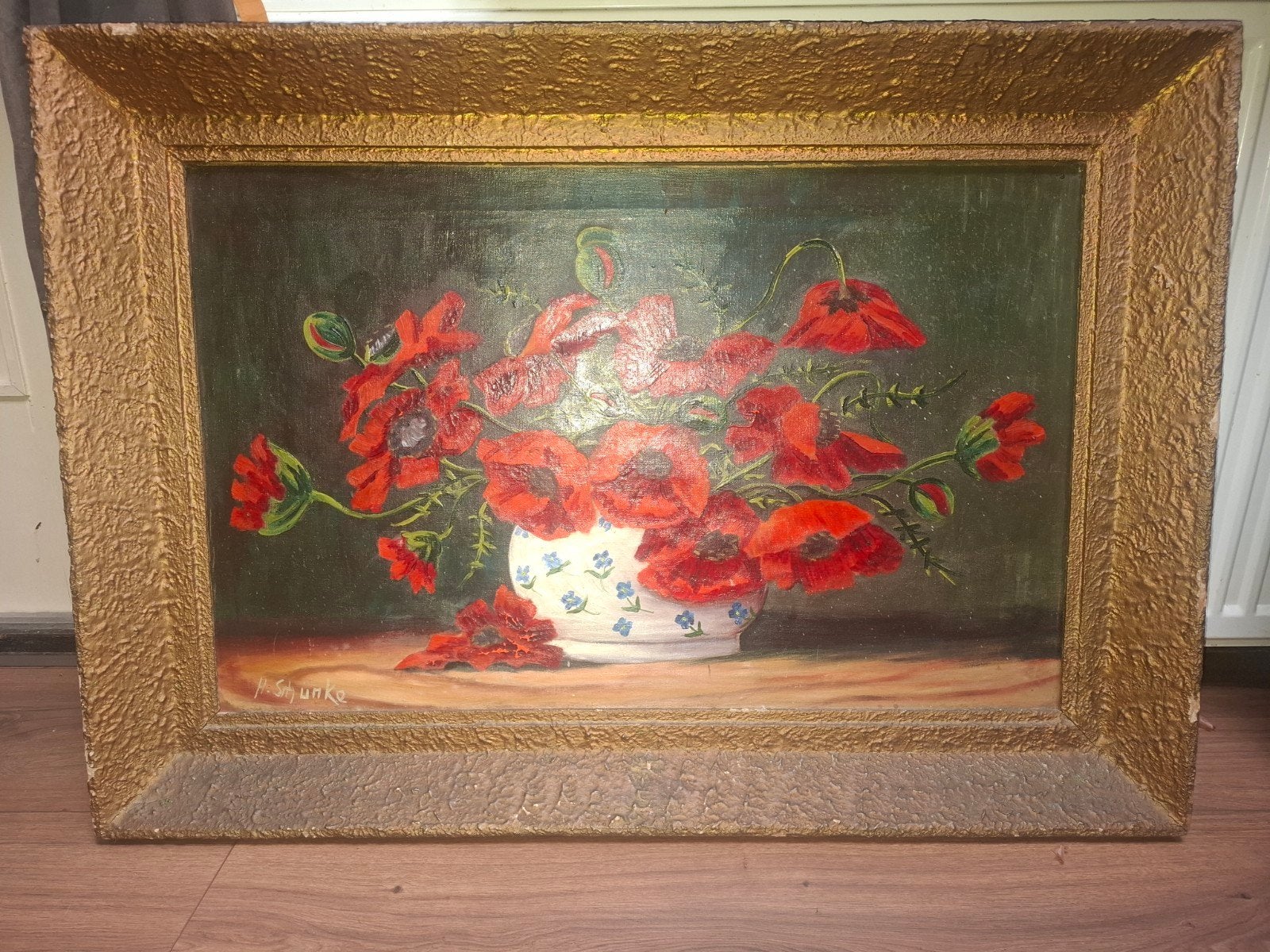 Olieverfschilderij Klaprozen in Vaas - Gesigneerd, Doek, Olieverf, Klassiek, Gesigneerd