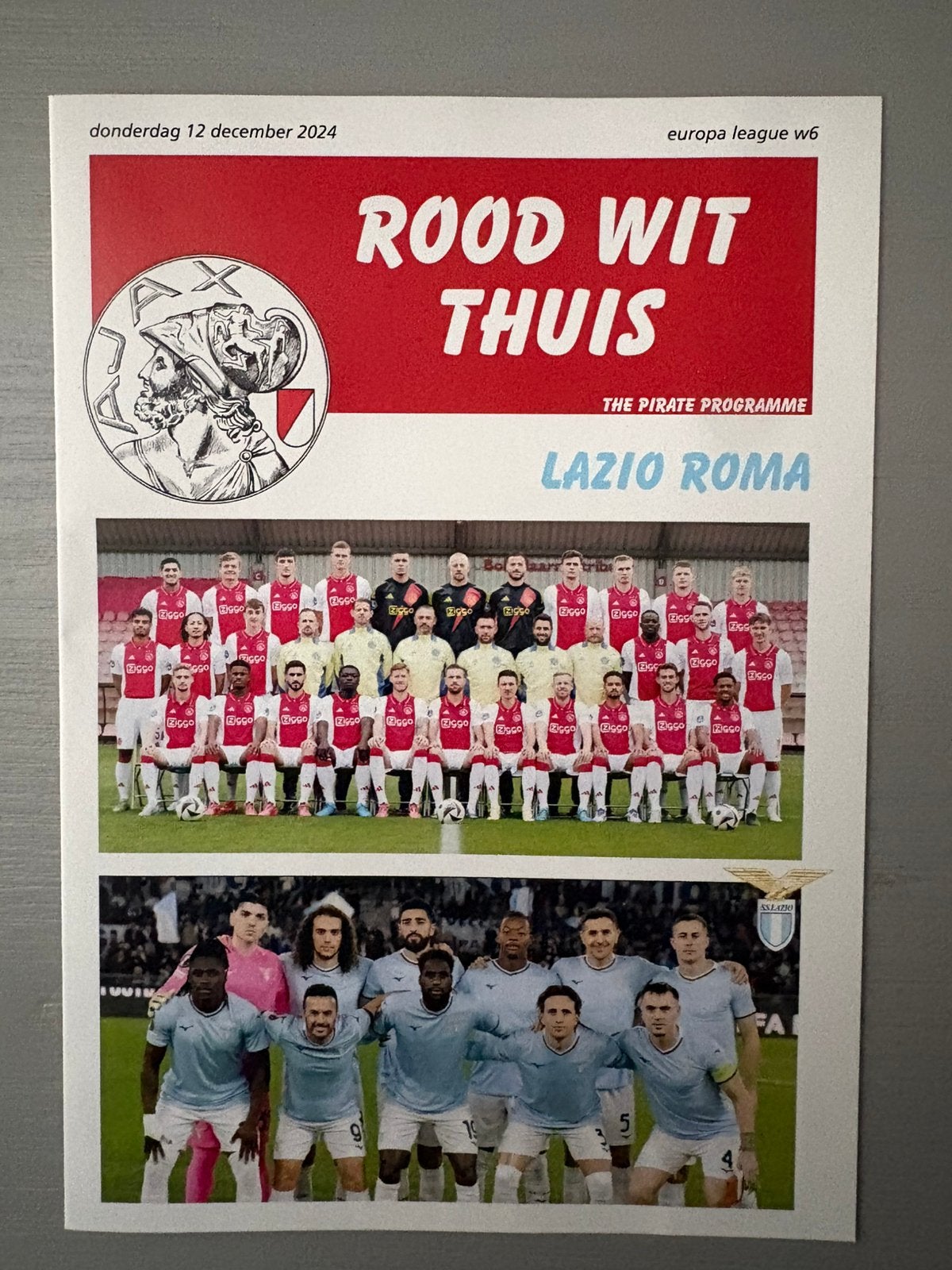 Pirate prog. Ajax - Lazio Roma 24/25 EL, Ophalen of Verzenden, Nieuw, Ajax, Poster, Plaatje of Sticker