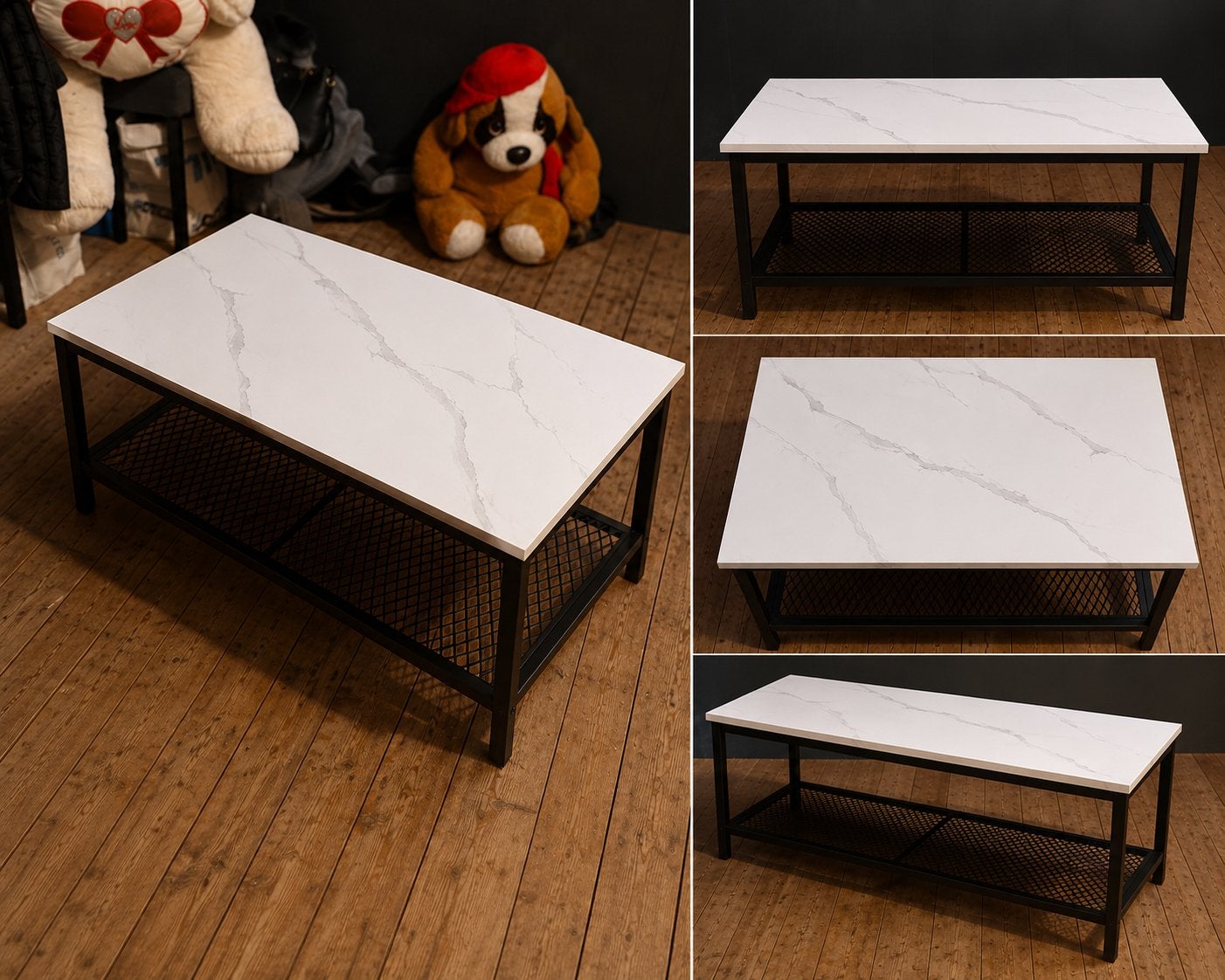 Moderne salontafel met marmerlook blad en metalen frame, Ophalen, 100 tot 150 cm, Nieuw, 50 tot 100 cm
