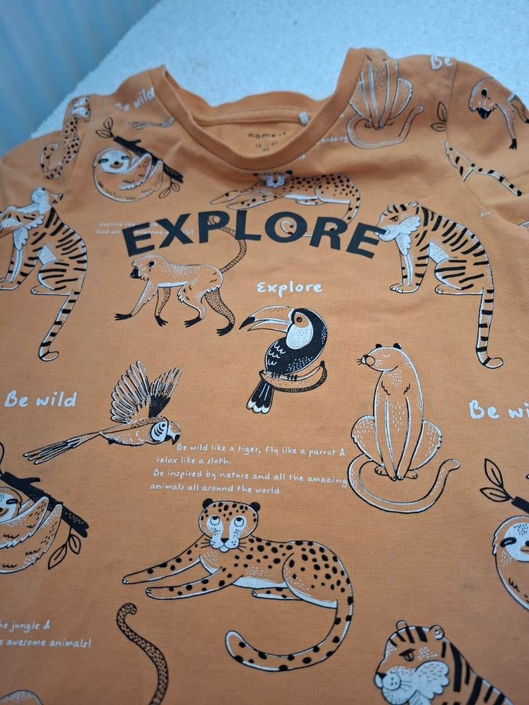 T-shirt dierenprint oranje/zwart met witte dieren 'Explore', Kinderen en Baby's, Kinderkleding | Maat 92, Gebruikt, Jongen of Meisje