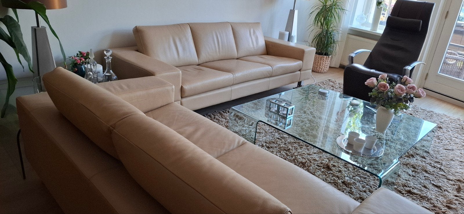 Leren 3-zitsbank  en 2,5-zitsbank Beige, Huis en Inrichting, Ophalen, Gebruikt, Modern en comfortabel, Hoekbank