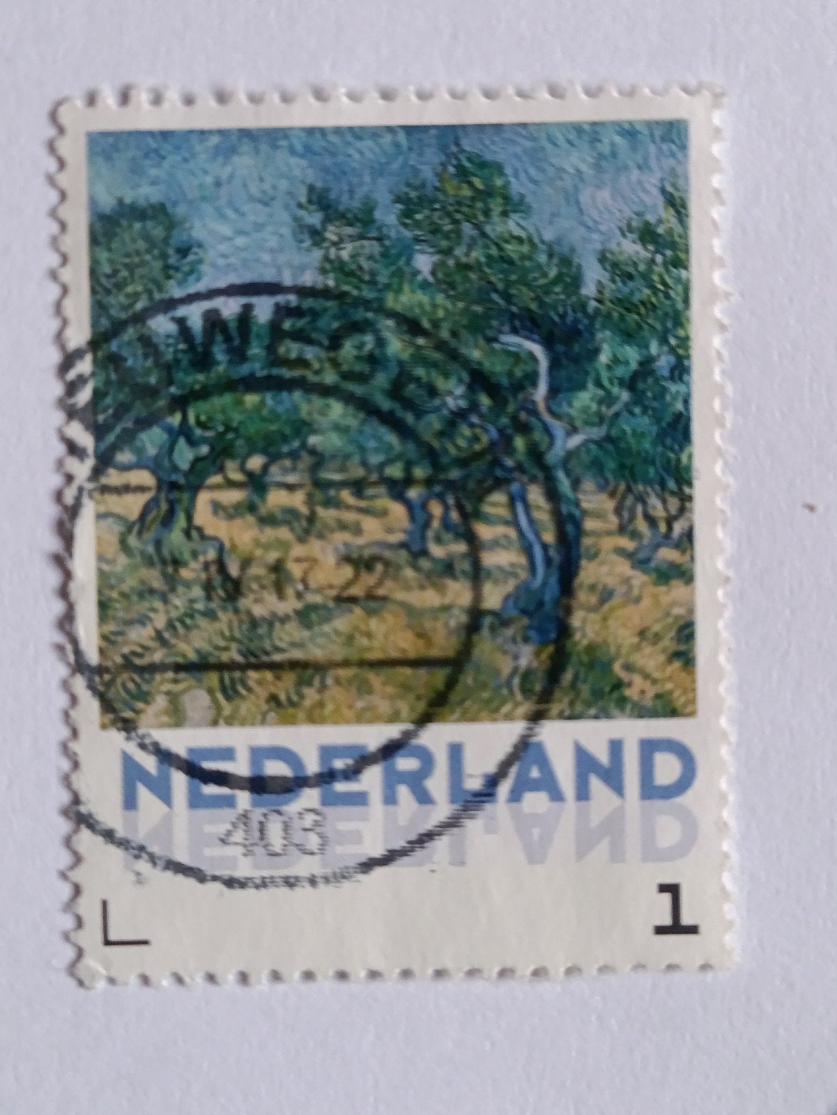 Nederlandse postzegel met olijfbomen van Van Gogh, Postzegels en Munten, Ophalen of Verzenden, Na 1940, Gestempeld