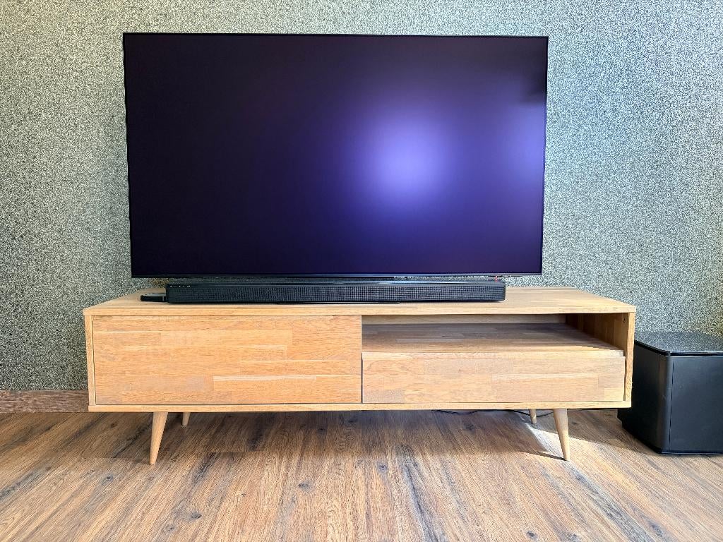 Tygo tv meubel 150 cm eiken met retro poten, Ophalen, Gebruikt, 100 tot 150 cm, Eikenhout