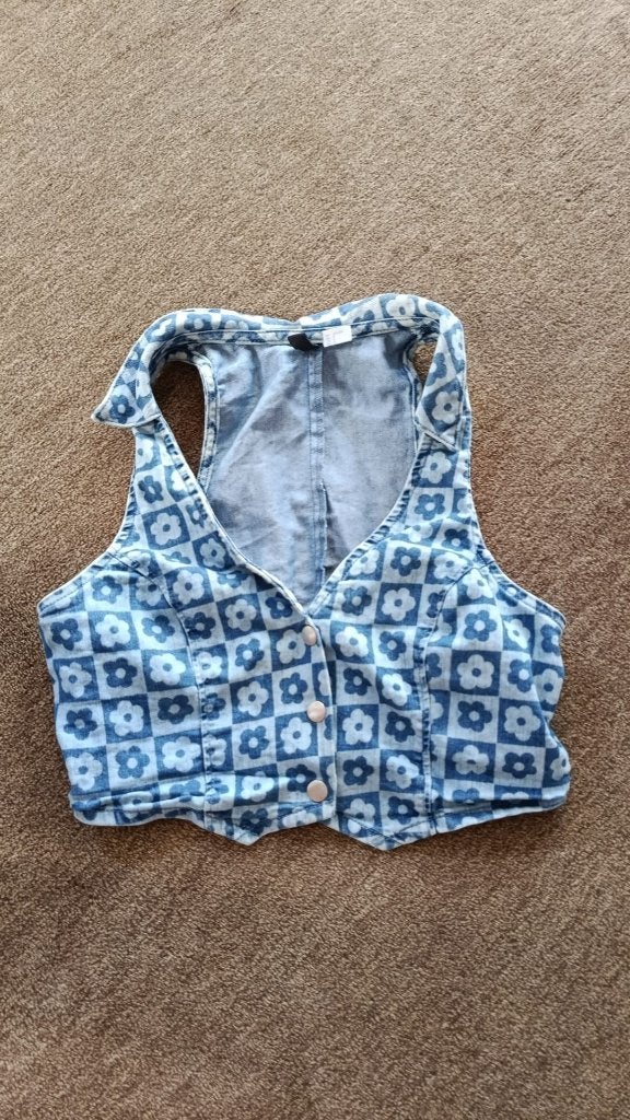 Denim Crop Top met Bloemenprint, H&M, Blauw, Ophalen of Verzenden, Zo goed als nieuw