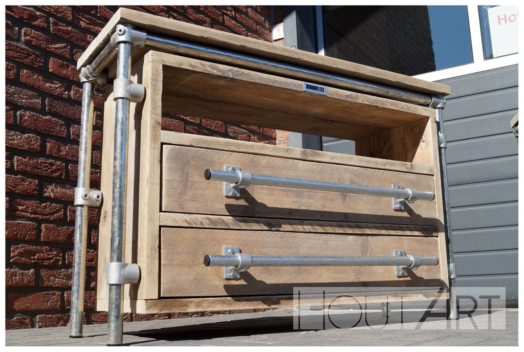 Kast / dressoir Revento van steigerhout met steigerbuis!, 100 tot 150 cm, Info@hout-art.nl, Ophalen of Verzenden, Grenenhout