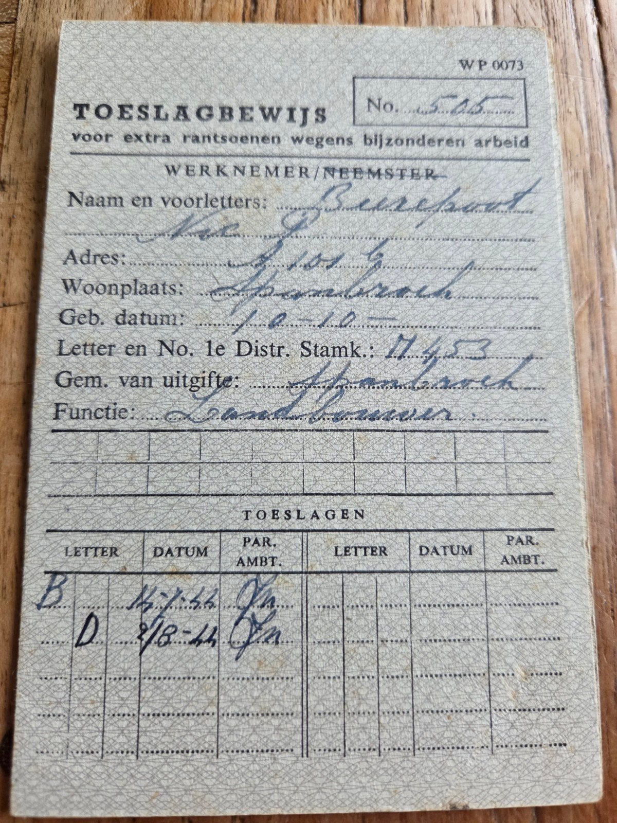 Toeslagbewijs extra rantsoenen zware werkzaamheden Spanbroek, Verzamelen, Ophalen of Verzenden, 1940 tot 1960, Tijdschrift