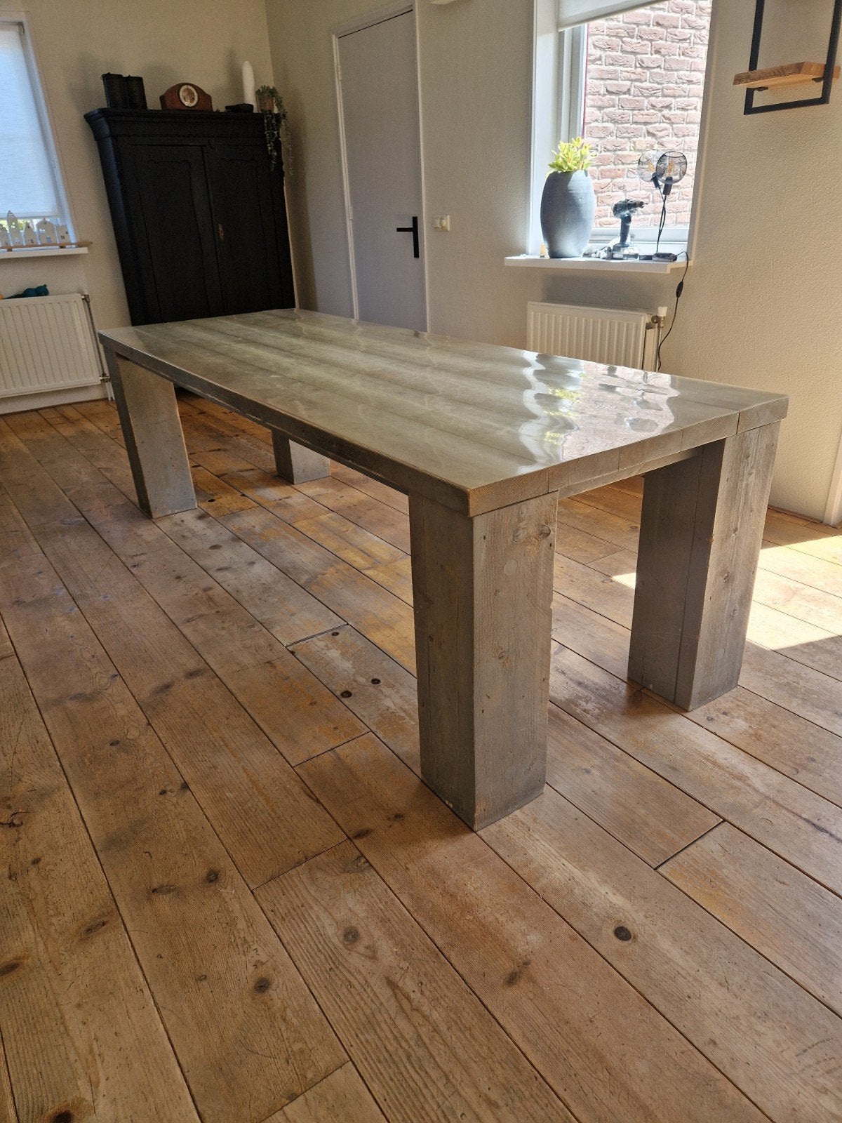Steigerhouten eettafel en salontafel set, Ophalen, Gebruikt, 200 cm of meer, 50 tot 100 cm