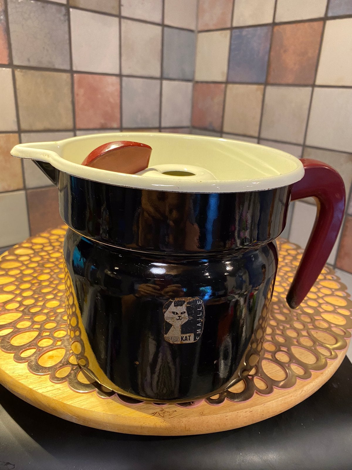Vintage melkkan,zwart met bruin en wit,Super Kat Emaille, Antiek en Kunst, Ophalen of Verzenden