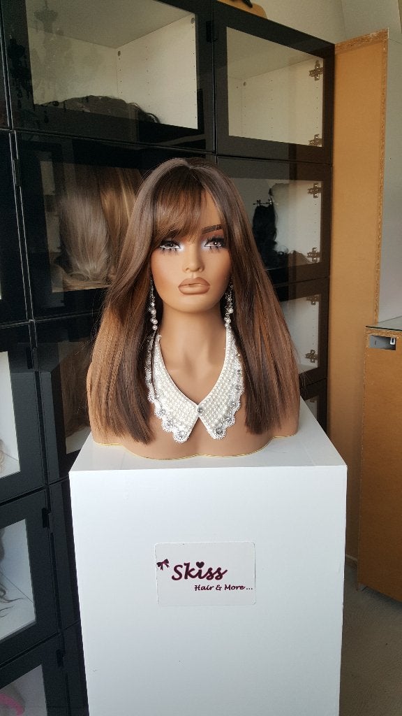 Pruik Pony/Lok: Gemixt Bruin - Lange Boblijn - Stijl - 50cm, Ophalen of Verzenden, Nieuw, Pruik of Haarverlenging