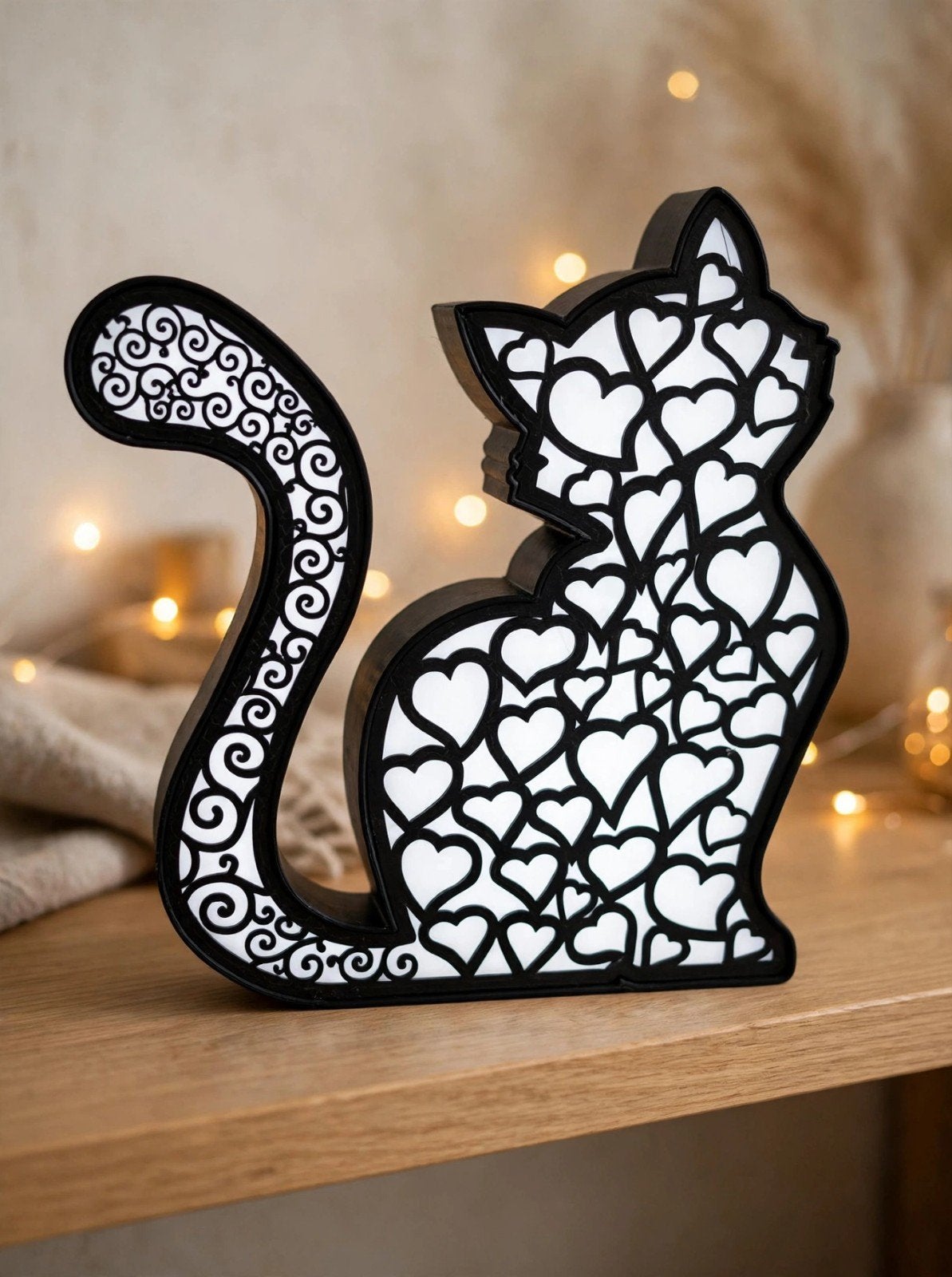 Decoratieve Kattenlamp met Hartjespatroon, Zwart, Kunststof, Ophalen of Verzenden, Zo goed als nieuw