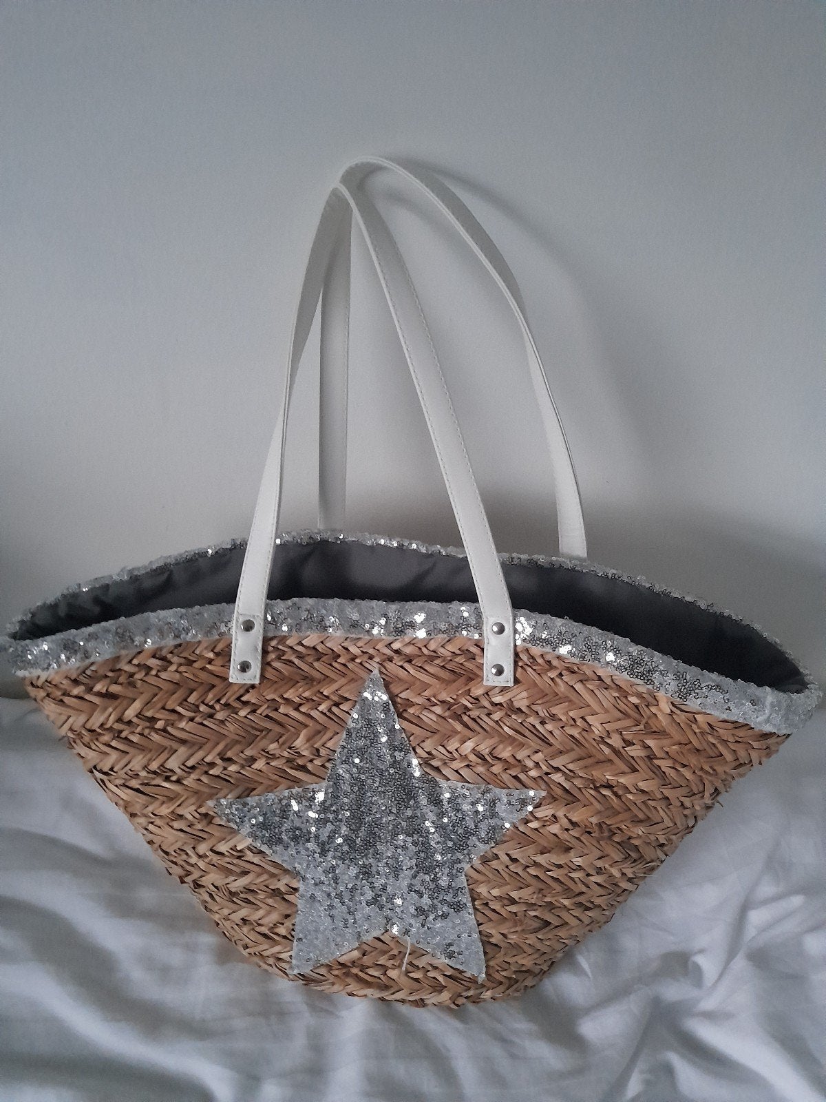 Rieten shopper / strandtas met zilveren ster, Ophalen of Verzenden, Zo goed als nieuw, Beige, Shopper