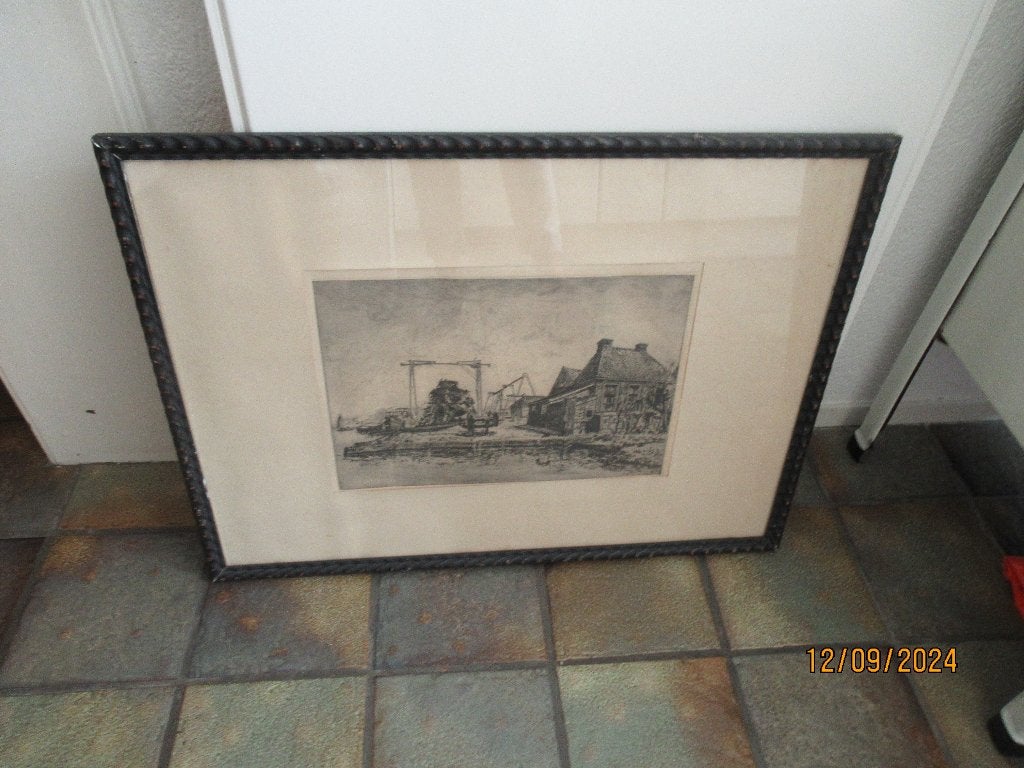 ANTIEKE ETS-OPHAALBRUG,ZEILSCHEPEN- FRIESLAND/ GRONINGEN1933, Antiek en Kunst, Kunst | Etsen en Gravures, Ophalen, Ets, Gesigneerd