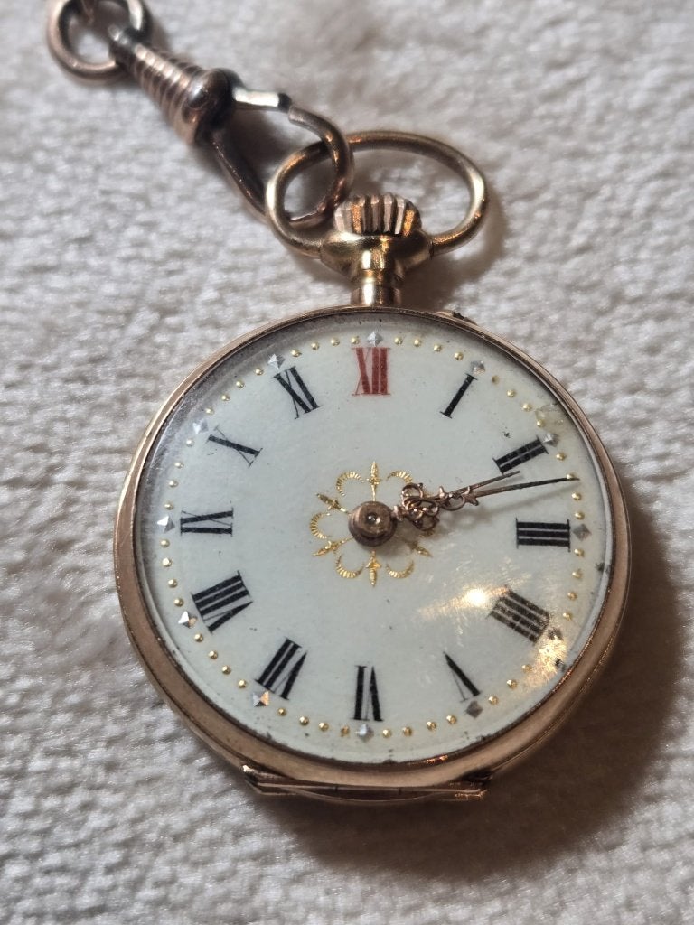 18k Antiek zakhorloge met vergulde ketting, Antiek en Kunst, Ophalen of Verzenden, Goud