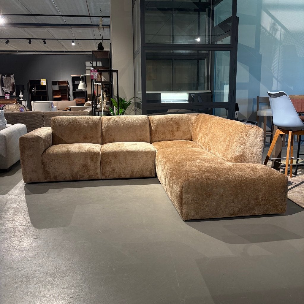 Hoekbank velours modern bruin/goud 276x249cm, Ophalen, 250 tot 300 cm, Hoekbank, Zo goed als nieuw