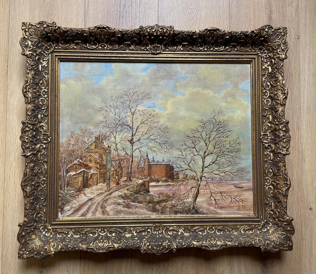 Groot schilderij van een kasteel in goudkleurige lijst, Antiek en Kunst, Ophalen