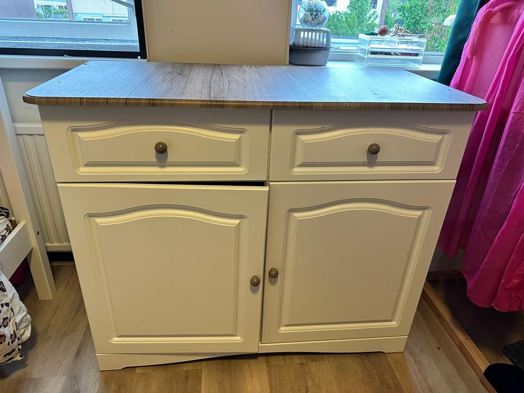 Wit dressoir met houtlook blad en lades, Huis en Inrichting, Ophalen, Gebruikt