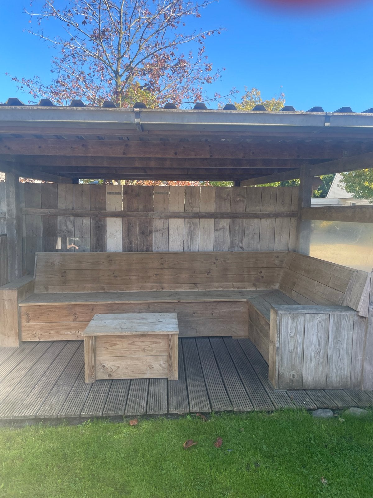 Houten hoektuinbank inclusief tafeltje, Ophalen, Gebruikt, Hout