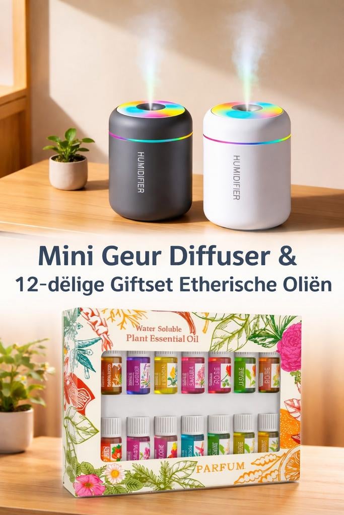 Mini geur diffuser & 12 delige giftset etherische oliën, Kunststof, Unknown, Unknown, Nieuw