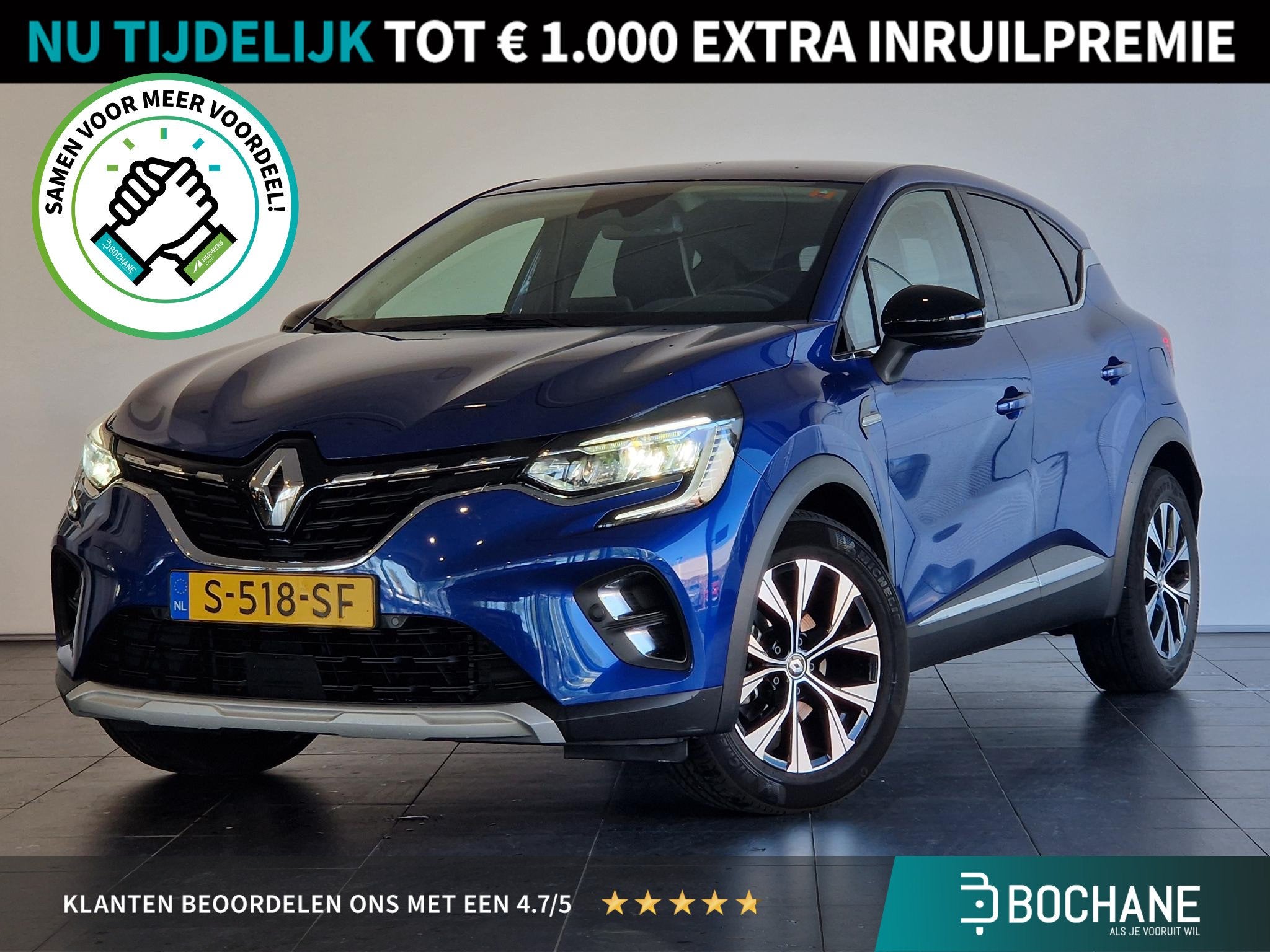 Renault Captur E-Tech plug-in hybrid 160 techno | 1E EIGENAA, Auto's, Gebruikt, Met garantie (alle), Blauw, Leder en Stof
