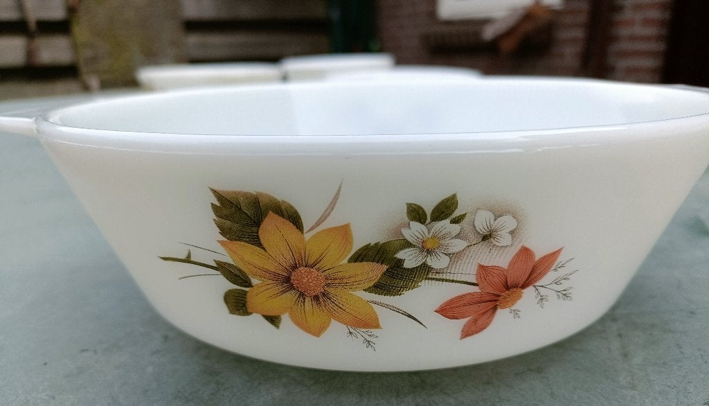 5 Vintage PYREX ovenschalen: JAJ England 1969 Autumn Glory, Ophalen of Verzenden