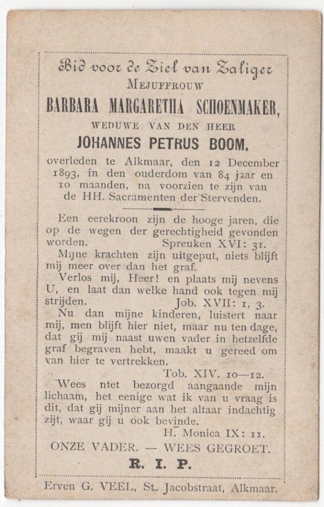 Barbara M. Schoenmaker 1809 Alkmaar + 1893 Alkmaar, 84 jaar, Verzenden