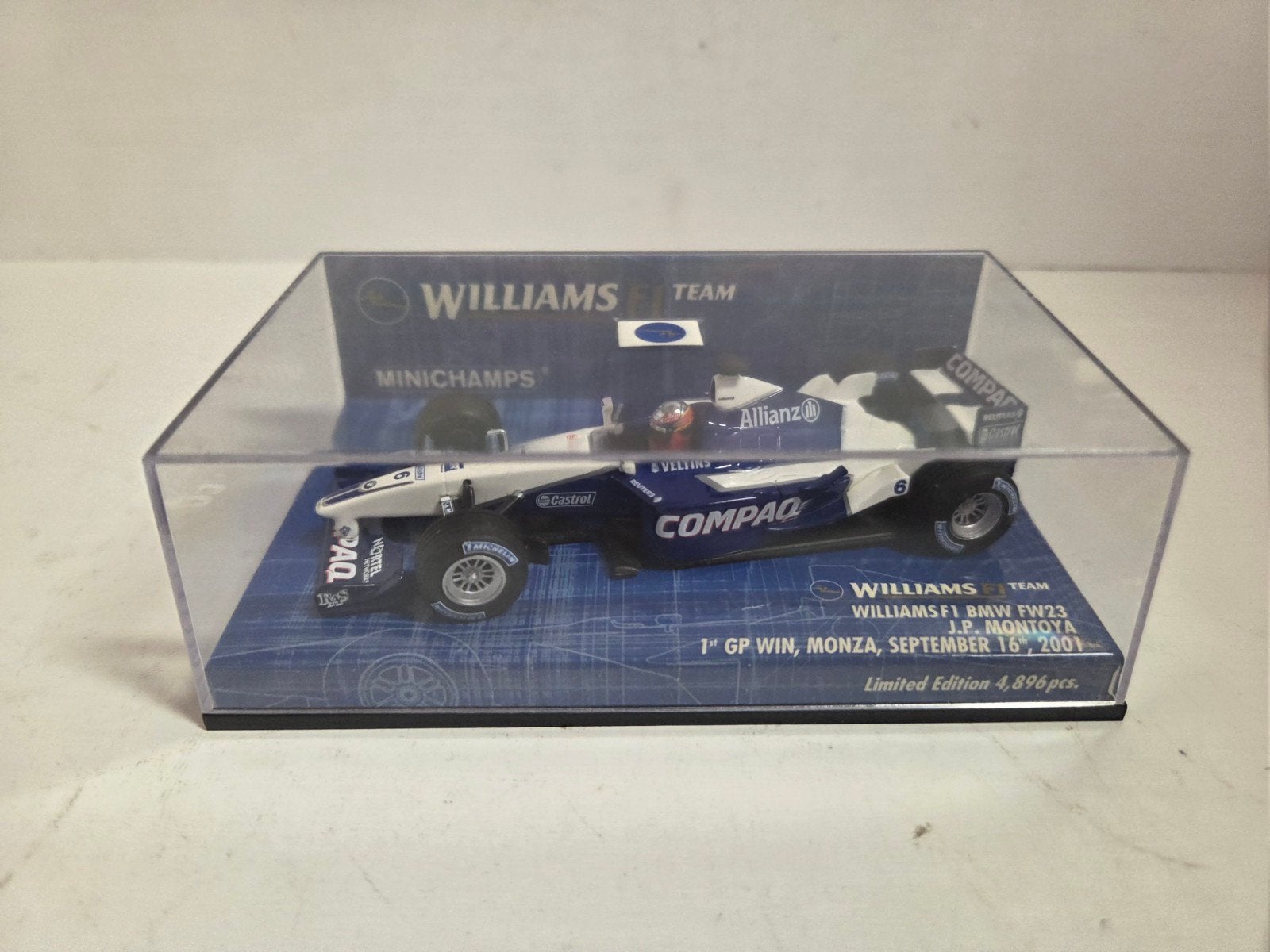 Minichamps Williams F1 BMW Montoya Monza 2001, Hobby en Vrije tijd, Modelauto's | 1:43, Auto, ., Ophalen of Verzenden, Zo goed als nieuw