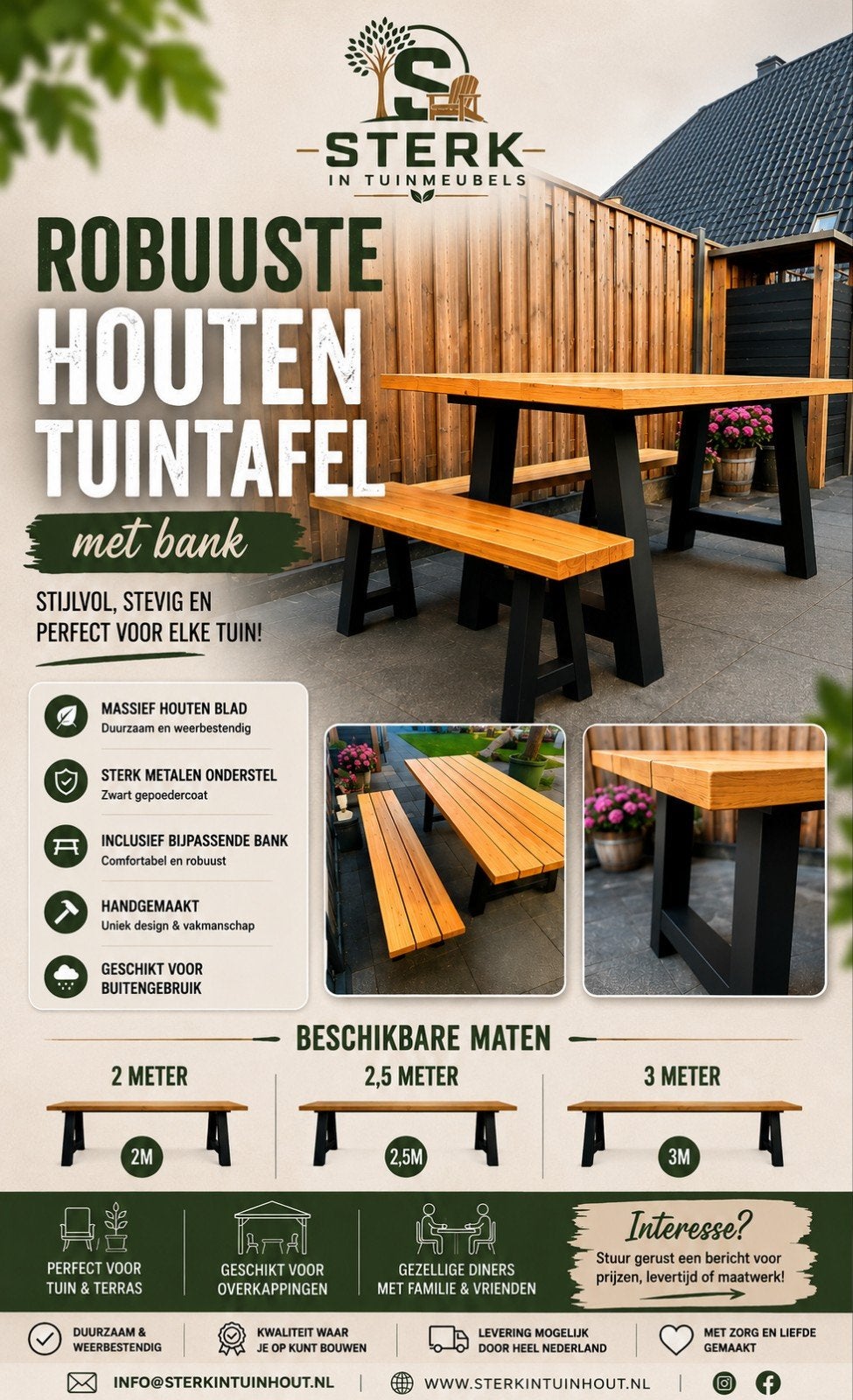 Robuuste Houten Tuintafel met Bank - Diverse Maten, Ophalen, Nieuw, Rechthoekig, Hout
