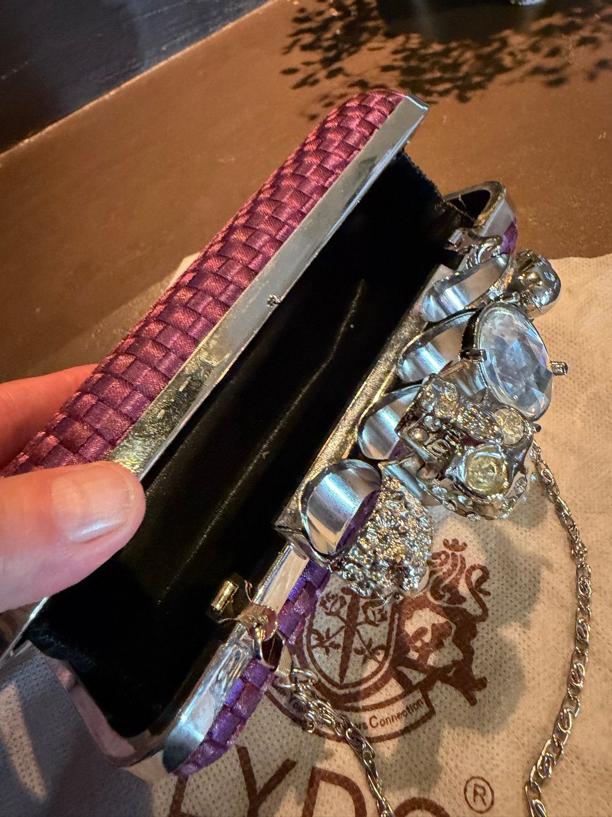 LYDC London Paarse Clutch met Doodskop en Ketting, Sieraden, Tassen en Uiterlijk, Ophalen of Verzenden, Zo goed als nieuw, Paars