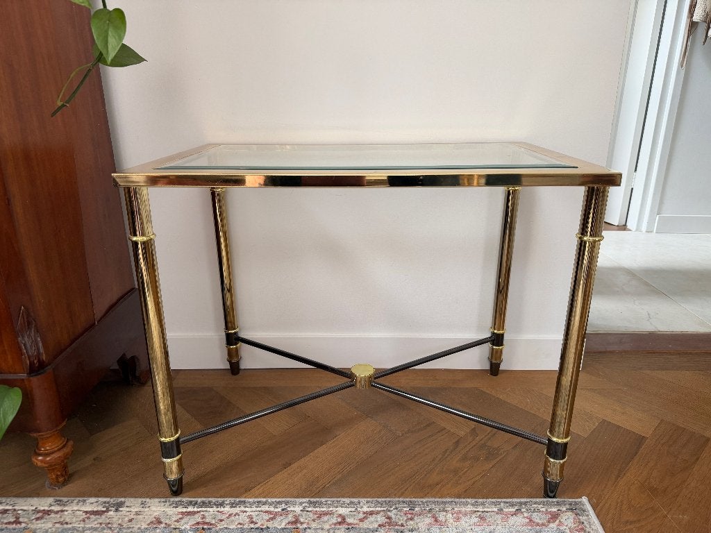 Vintage bijzettafel met messing rand – facetgeslepen glas, Ophalen