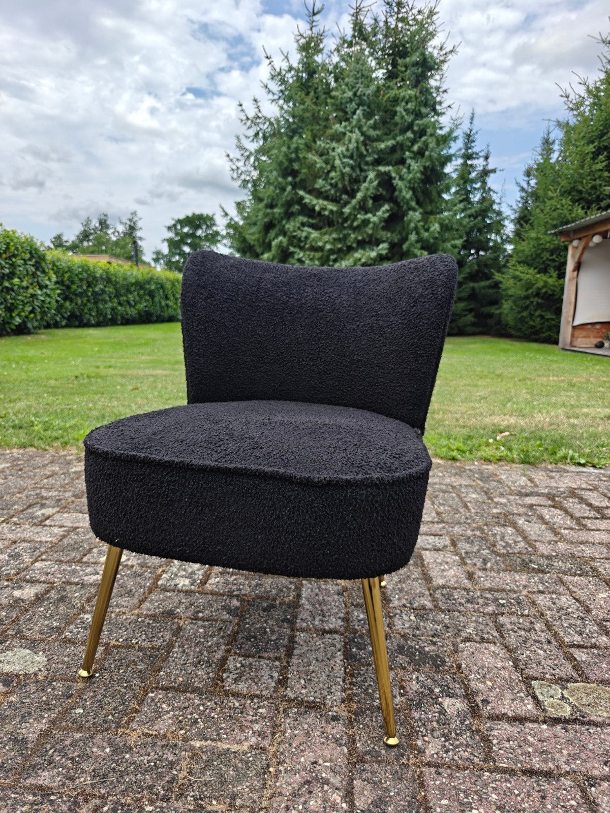 Zwarte teddy fauteuil met gouden poten, Huis en Inrichting, Stoelen, Ophalen, Zwart, Zo goed als nieuw, Stof