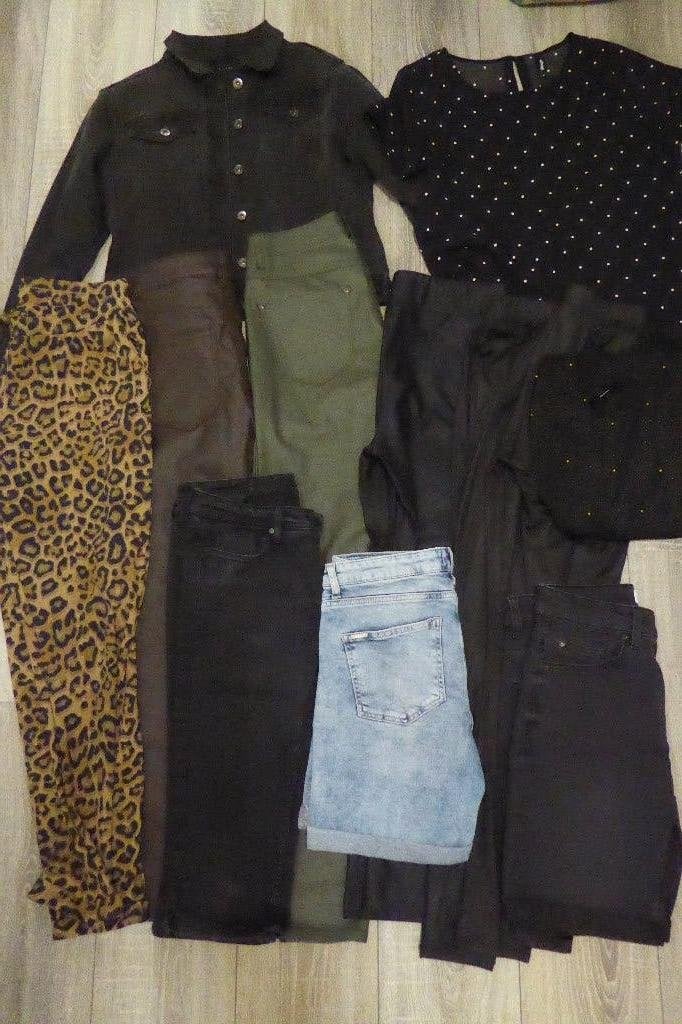 Pakket 12 delig broeken en leggings maat 38 deels glimmend, Ophalen of Verzenden, Gedragen, Maat 38/40 (M)