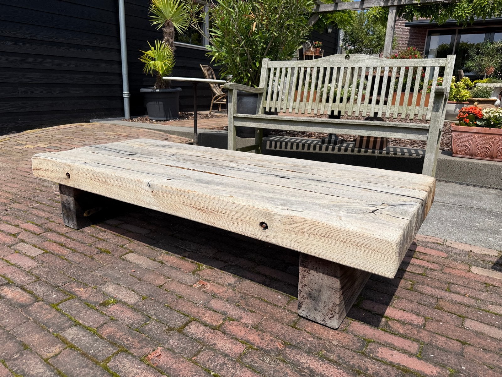 Zeer zware Eiken Bielzen Salontafel 1.75x0.70m, Ophalen, Zo goed als nieuw, 250 cm of meer, Planken