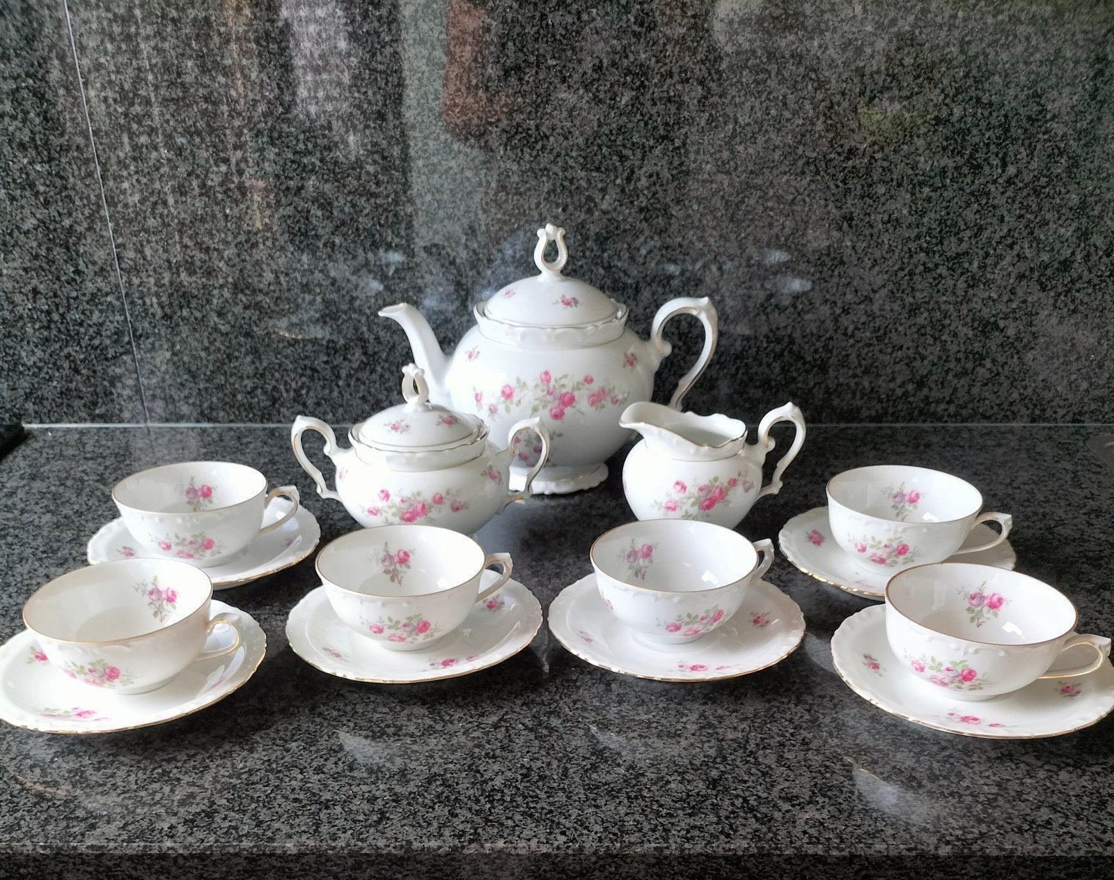 Vintage Kahla Theeservies met Rozenmotief - 17 Delig, Ophalen of Verzenden
