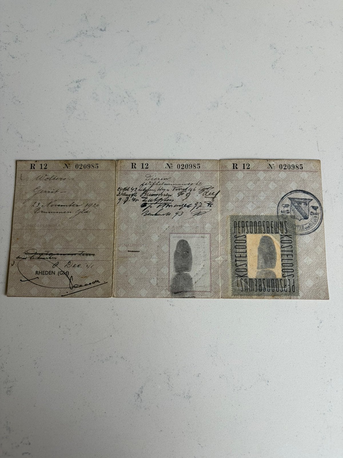 Persoonsbewijs Rheden Gelderland 1941, Ophalen of Verzenden, Nederland, Boek of Tijdschrift
