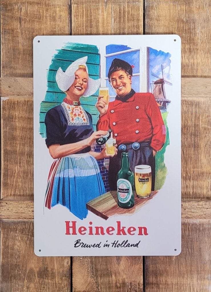 Heineken bier klederdracht reclamebord van metaal wandbord, Verzamelen, Ophalen of Verzenden, Nieuw, Reclamebord, Plaat of Schild