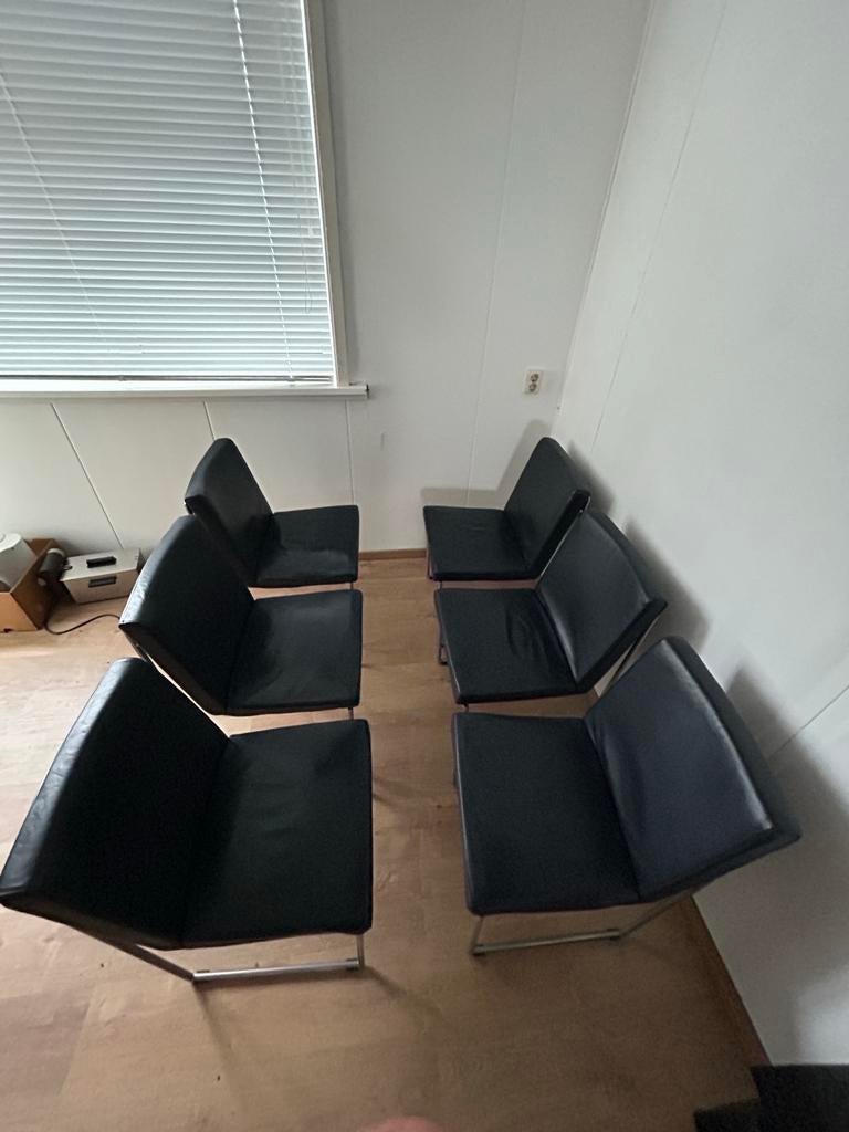 Harvink donker blauwe lederen eetkamerstoelen - set van zes, Gebruikt, Blauw, Design, Leer