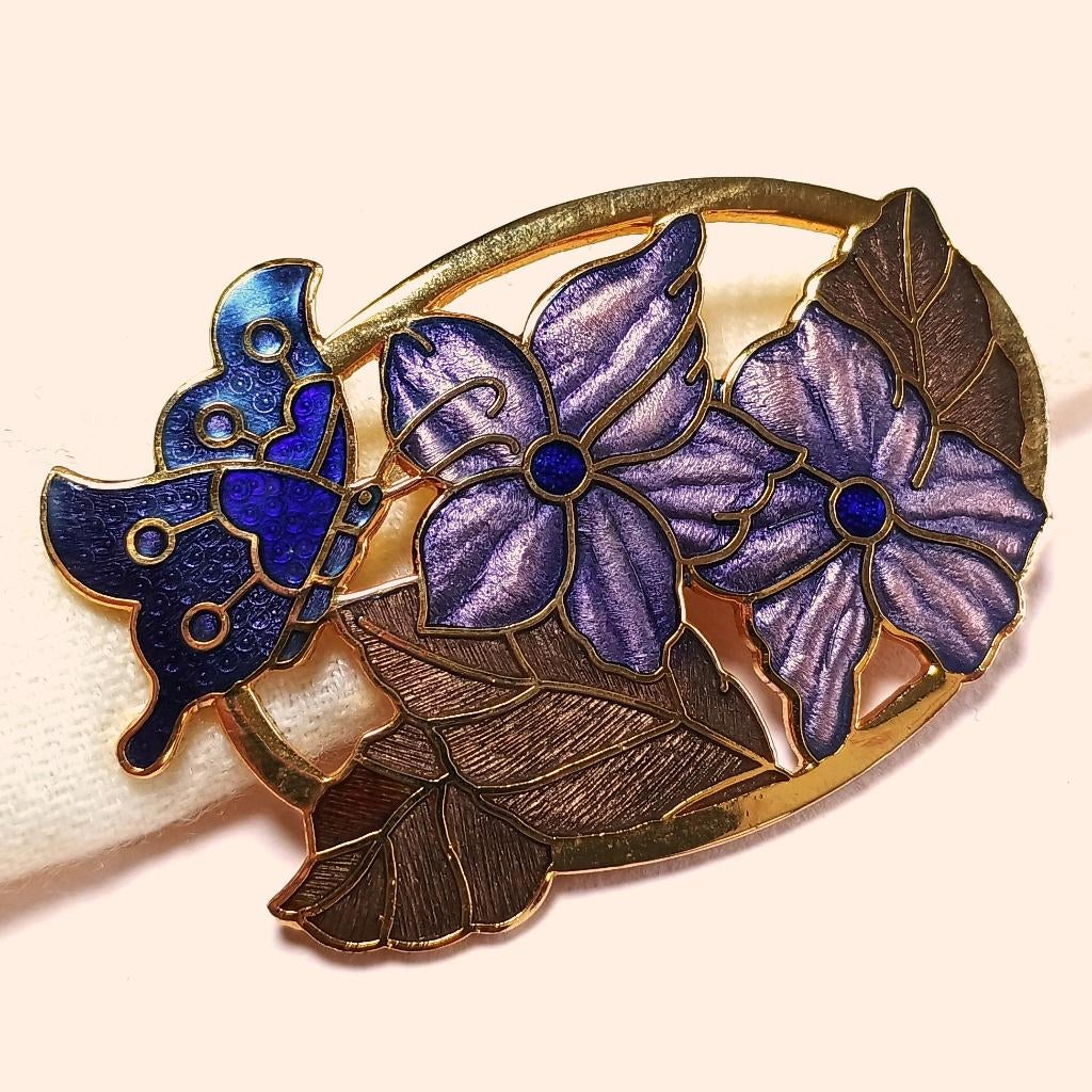 Vintage broche email cloisonné blauwe bloemen vlinder, Overige materialen, 4 tot 7 cm, Gebruikt, Verzenden