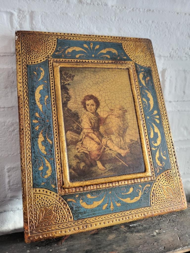Murillo 'Goede Herder' antieke reproductie op hout, Antiek en Kunst, Ophalen of Verzenden