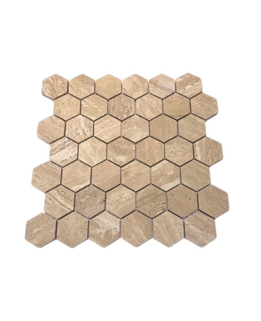 Mozaiék Travertin  Hexagon 48x48mm op matje 300x300x10mm, Doe-het-zelf en Verbouw, Tegels, Nieuw, Ophalen of Verzenden, Minder dan 20 cm