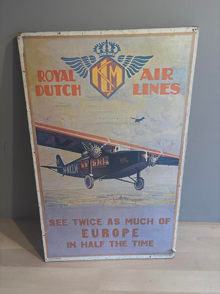 Vintage KLM Affiche - Royal Dutch Airlines, Antiek en Kunst, Antiek | Schoolplaten, Ophalen of Verzenden, Geschiedenis