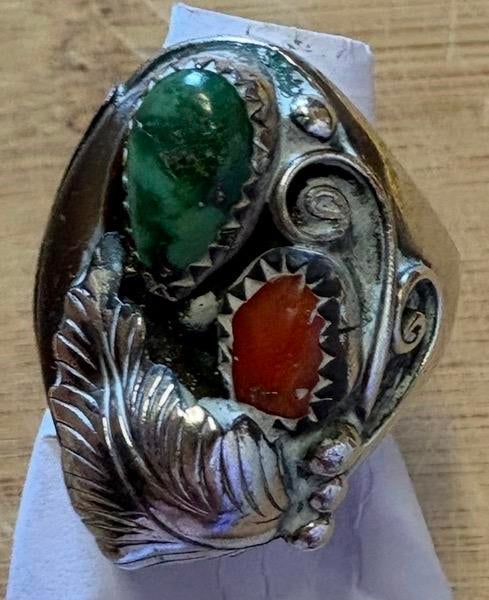 Vintage Navajo Zilveren Ring met Turkoois & Koraal, Ophalen, 18 tot 19, Gebruikt, Dame of Heer