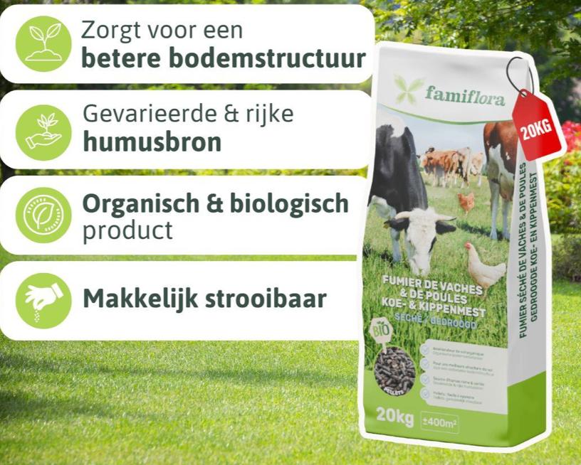 Gedroogde koe- & kippenmest - 20 kg - voor 400 m², Tuin en Terras, Aarde en Mest, Ophalen of Verzenden, Tuinaarde
