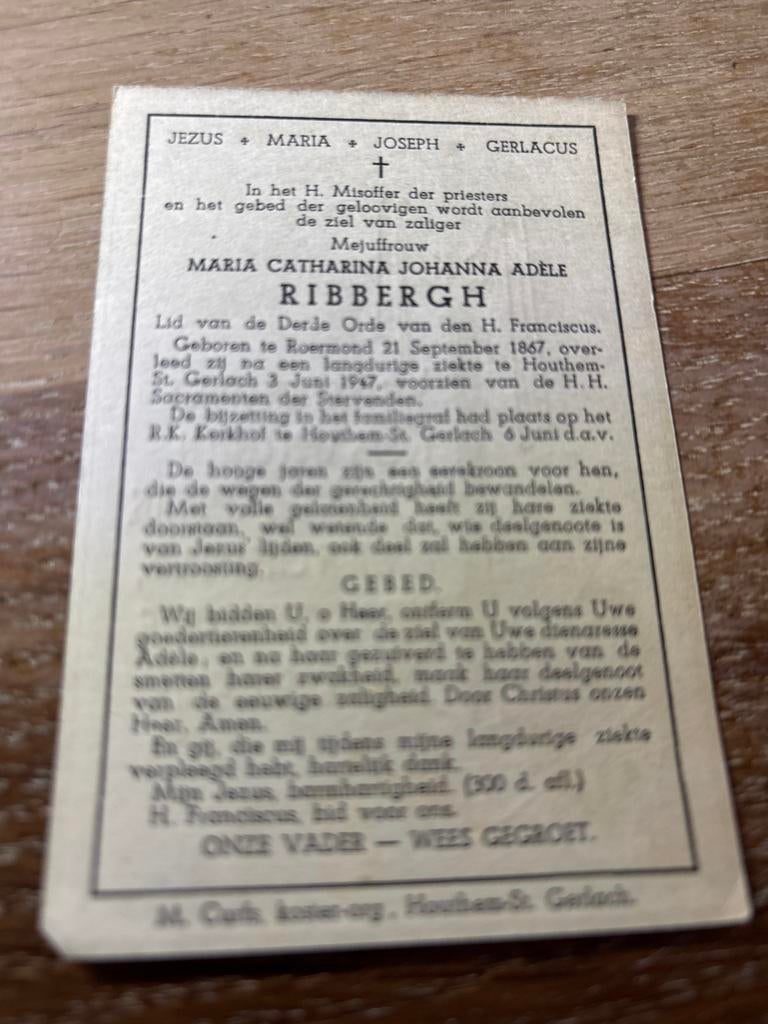 Ribbergh Maria 1867 Roermond 1947 Houthem - 28373, Verzamelen, Bidprentjes en Rouwkaarten, Bidprentje, Ophalen of Verzenden