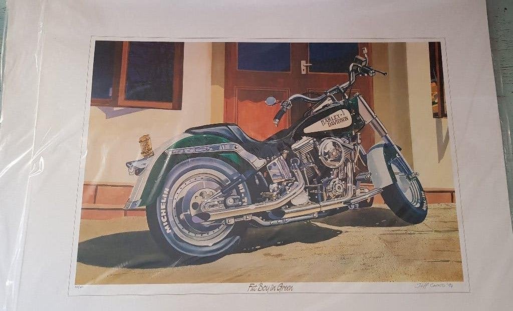 Harley-Davidson Motorfiets Kunst Print - Fat Boy in Groen, Ophalen, Oorspronkelijke maker, 75 tot 100 cm, 75 – 100