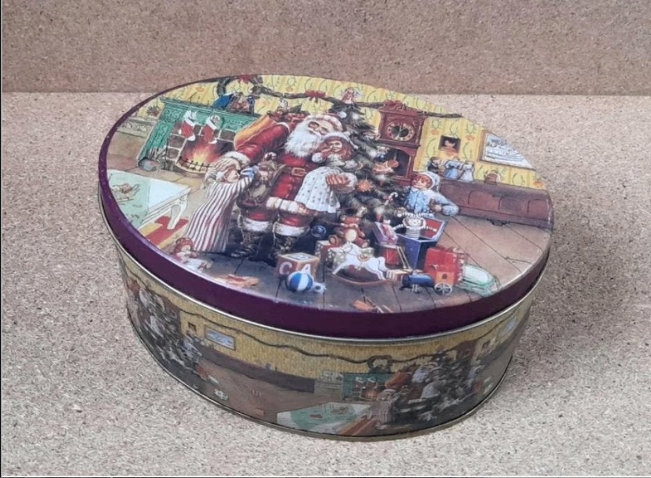 Vintage koek- chocolaatjestrommel  met kerstafbeelding, Verzamelen, Blikken, Ophalen of Verzenden, Gebruikt, Overige