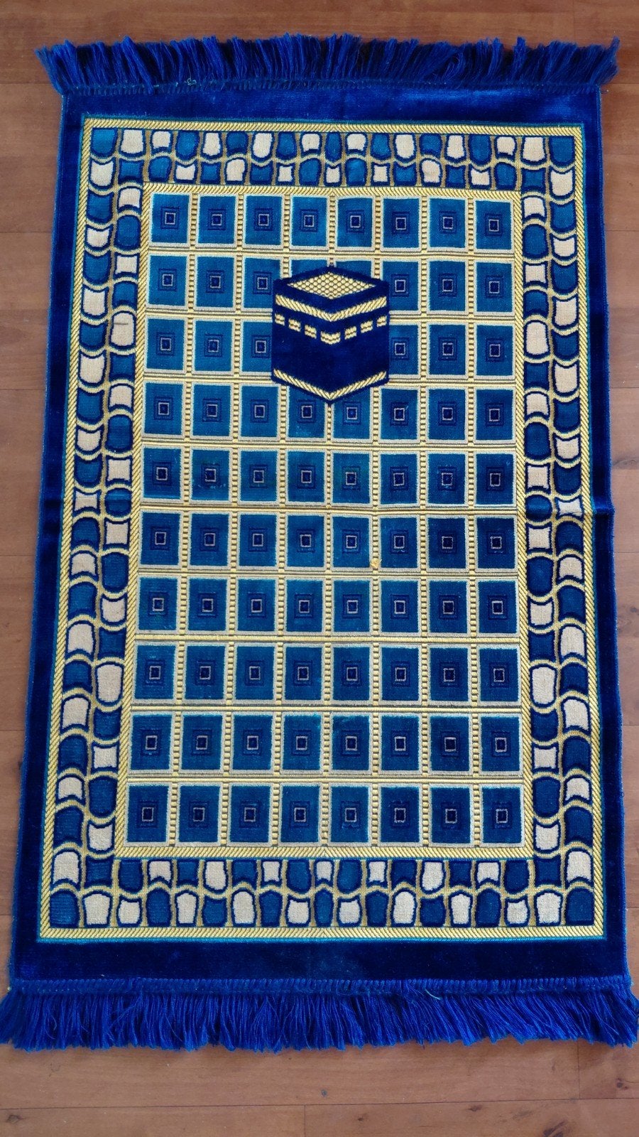 Blauw gebedskleed met⁸ Kaäba-motief, 100 tot 150 cm, Blauw, Islamitisch, Traditioneel, Zo goed als nieuw