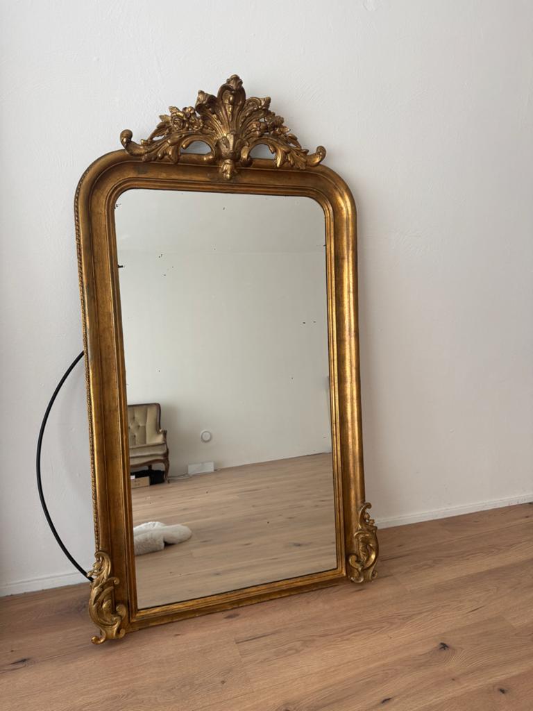 Antieke Grote Brocante Spiegel - Goudkleurig, Ophalen, Rechthoekig, 50 tot 100 cm, 150 tot 200 cm